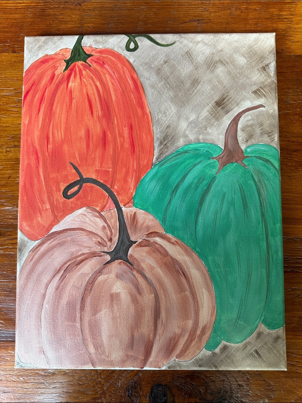 🍂 Hand-Painted Trio of Pumpkins Canvas Art - Orange, Teal, Tan